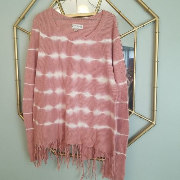 Knox Rose Sweaters - Knox Rose Tyedye Blush & Ivory Fringe Hemline Slit Back Plus Size Sweater Sz. 2X